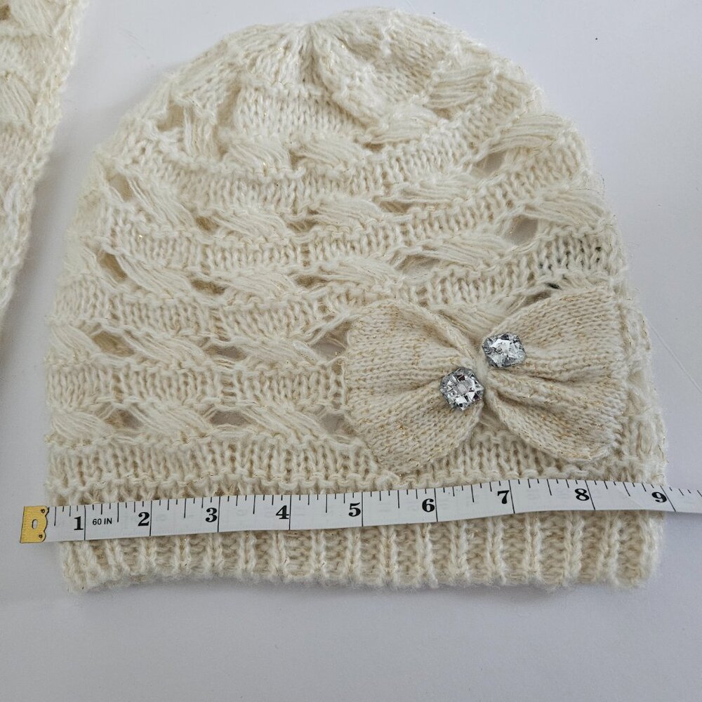 Apt 9 Ivory/Gold Shimmer Winter Hat with Bow and Scarf Set - Picture 8 of 11